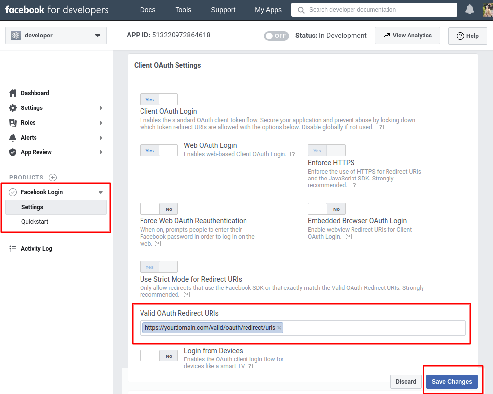 Facebook client oauth login settings