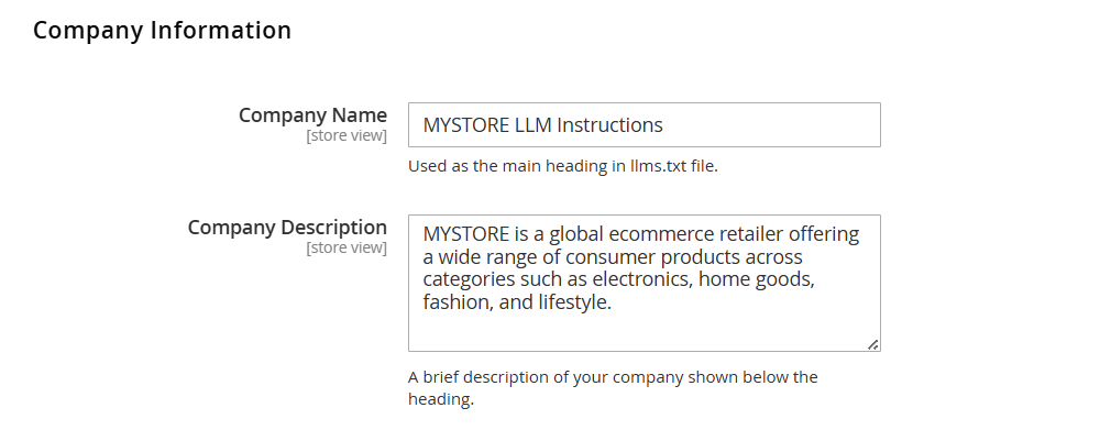 company information in llms txt magento