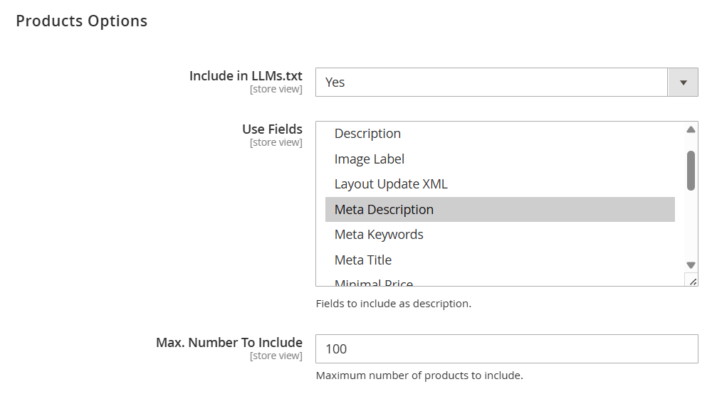 product options for llms txt magento