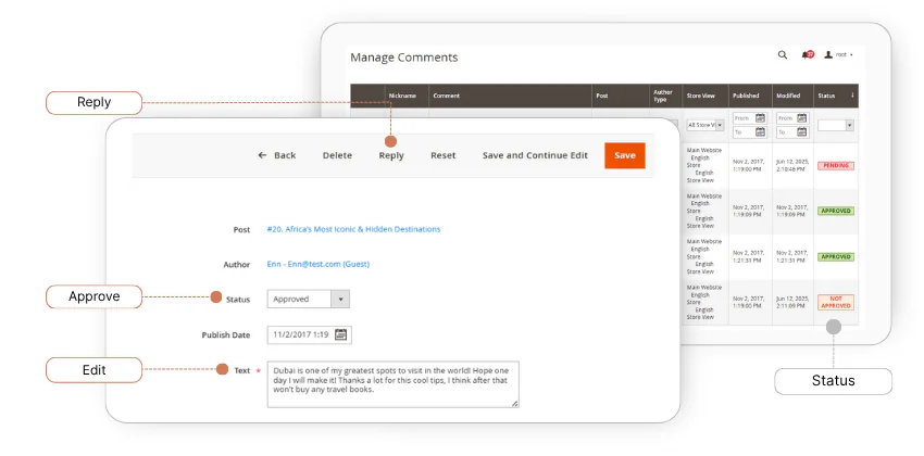 редагувати, схвалювати, відхиляти коментарі в блозі Magento