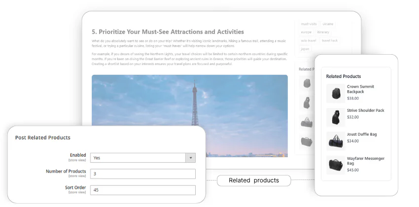 супутні товари на бічній панелі блогу magento