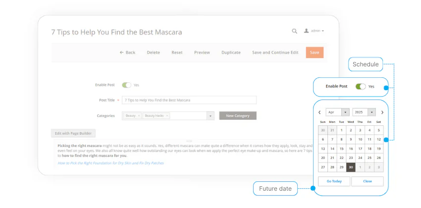 планування публікації допису в блозі в magento