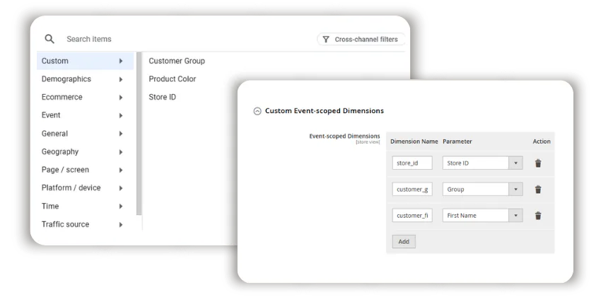 custom event scoped dimentions magento gtm