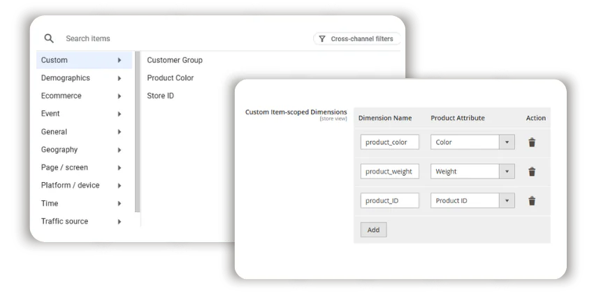 custom item  scoped dimentions magento gtm